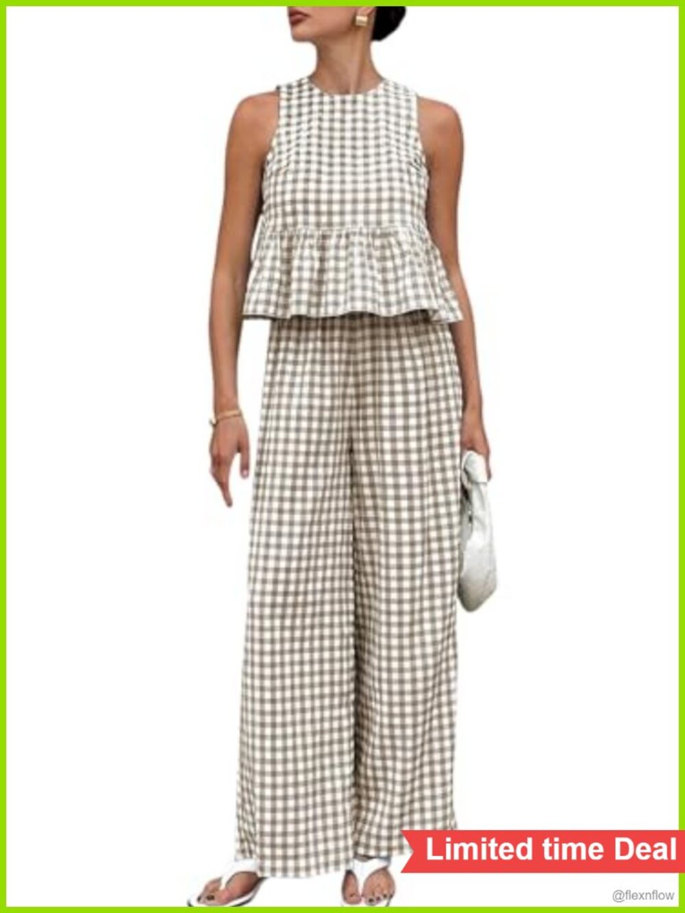 Womens Gingham 2 Piece Set Sleeveless Ruffle Tank Wide Leg Cotton Pant Set